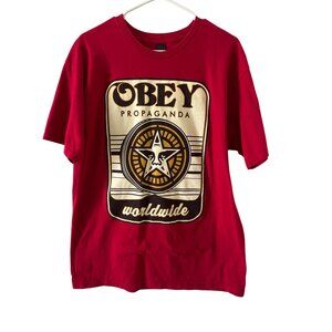 Obey Propaganda Worldwide Graphic T-Shirt Red Crewneck Short Sleeve Cotton Mens